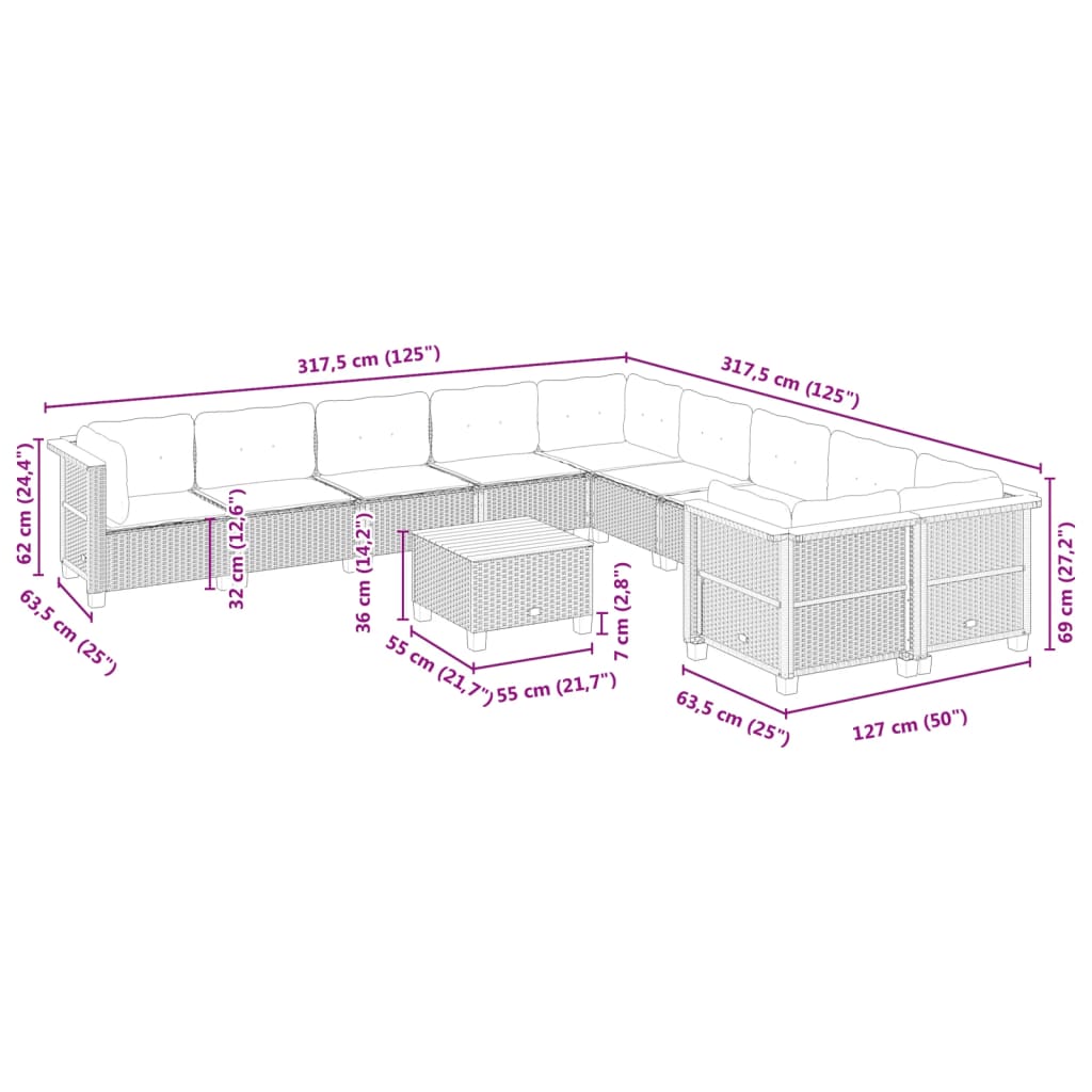 Set Divani da Giardino 11 pz con Cuscini in Polyrattan Nero | homemem39