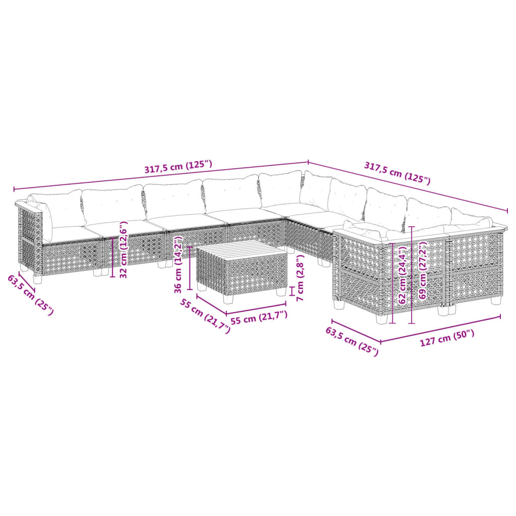 Set Divani da Giardino 11 pz con Cuscini in Polyrattan Grigio | homemem39