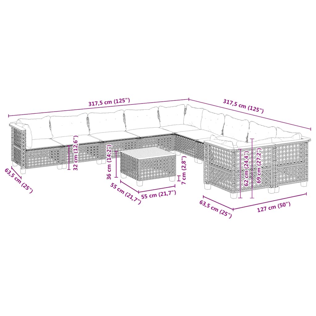 Set Divani da Giardino 11 pz con Cuscini Beige in Polyrattan | homemem39