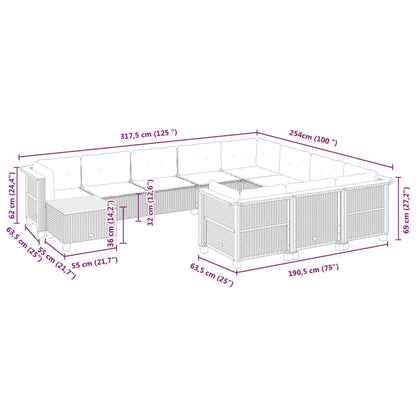 Set Divani da Giardino 11 pz con Cuscini in Polyrattan Nero | homemem39