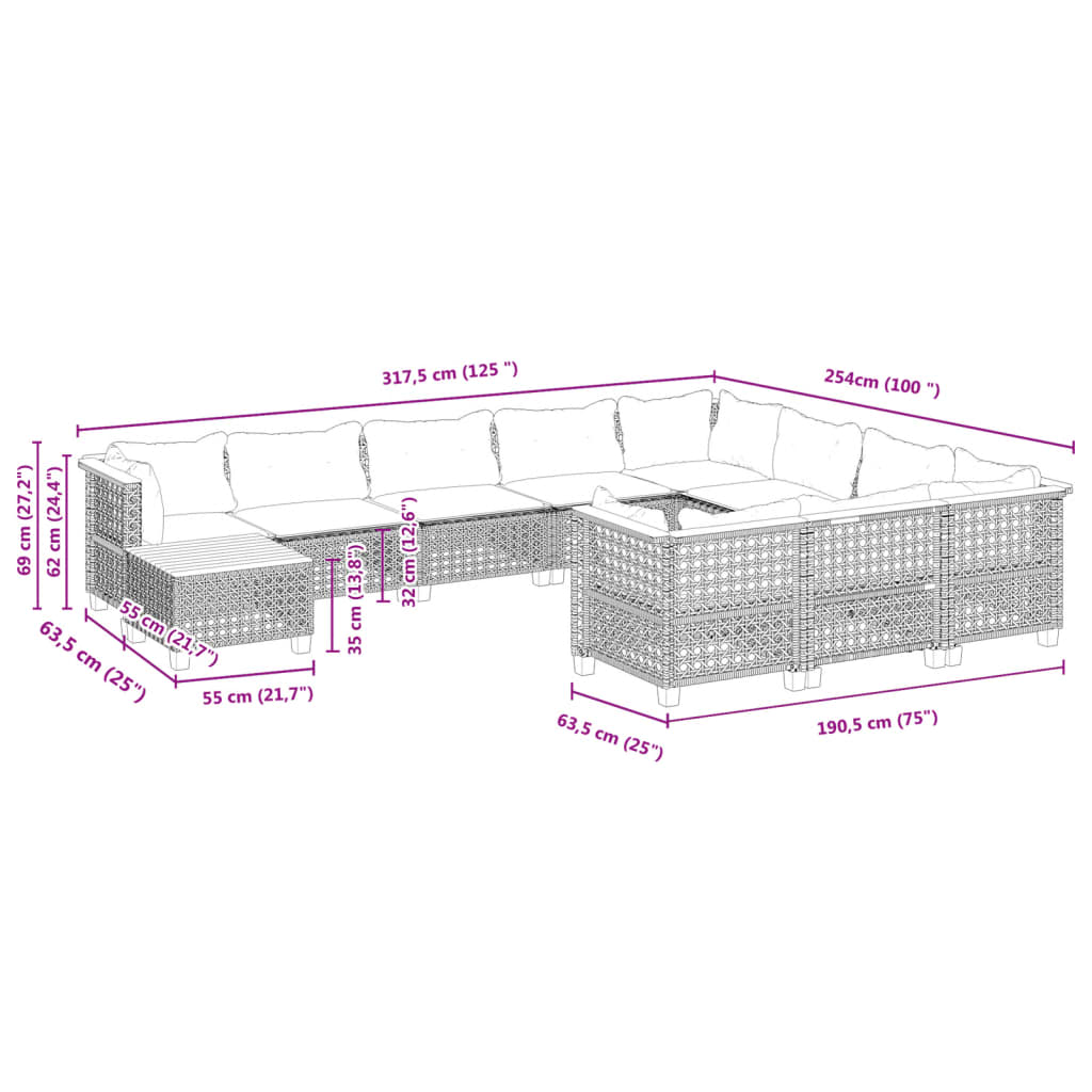 Set Divani da Giardino 11 pz con Cuscini in Polyrattan Grigio | homemem39