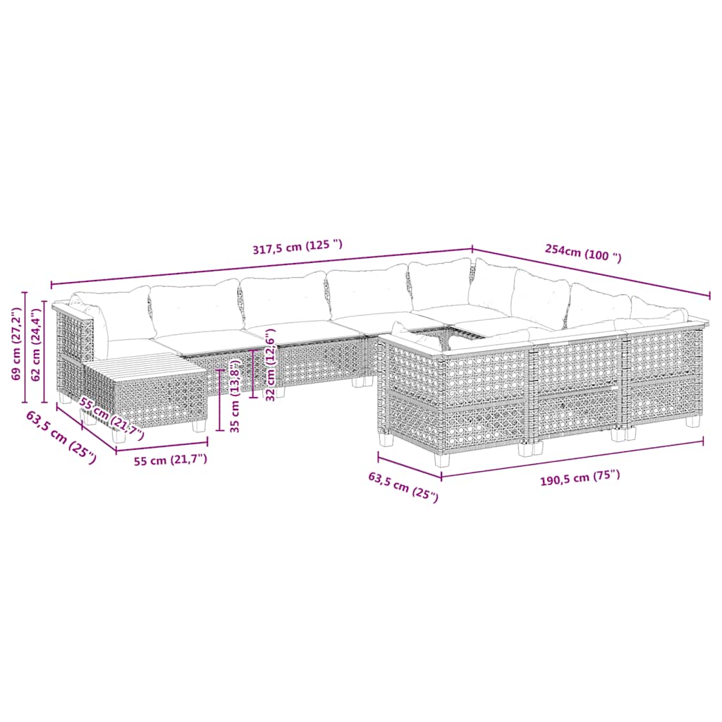 Set Divani da Giardino 11 pz con Cuscini Beige in Polyrattan
