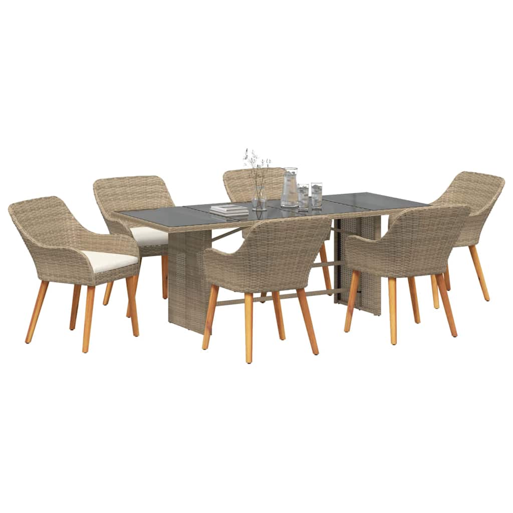 Set da Pranzo per Giardino con cuscino 7 pcs Beige polyrattan