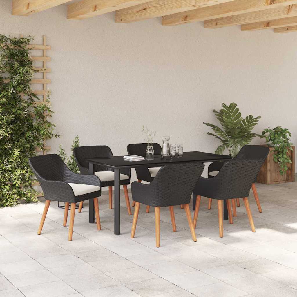 Set da Pranzo per Giardino con cuscino 7 pcs Nero polyrattan