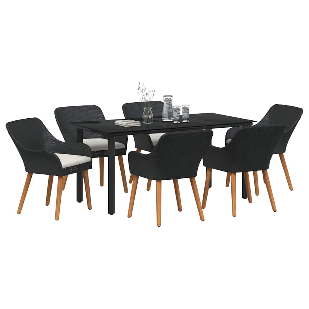 Set da Pranzo per Giardino con cuscino 7 pcs Nero polyrattan
