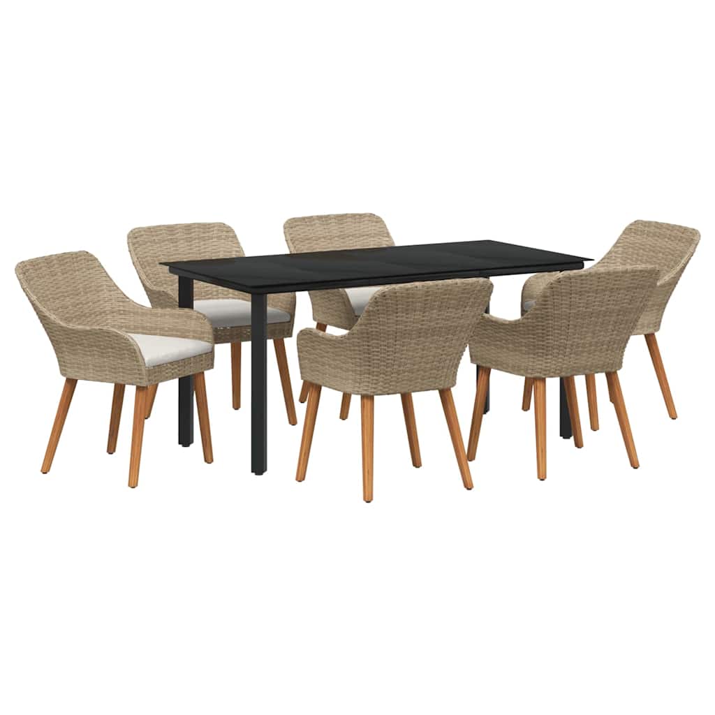 Set da Pranzo per Giardino con cuscino 7 pcs Beige polyrattan