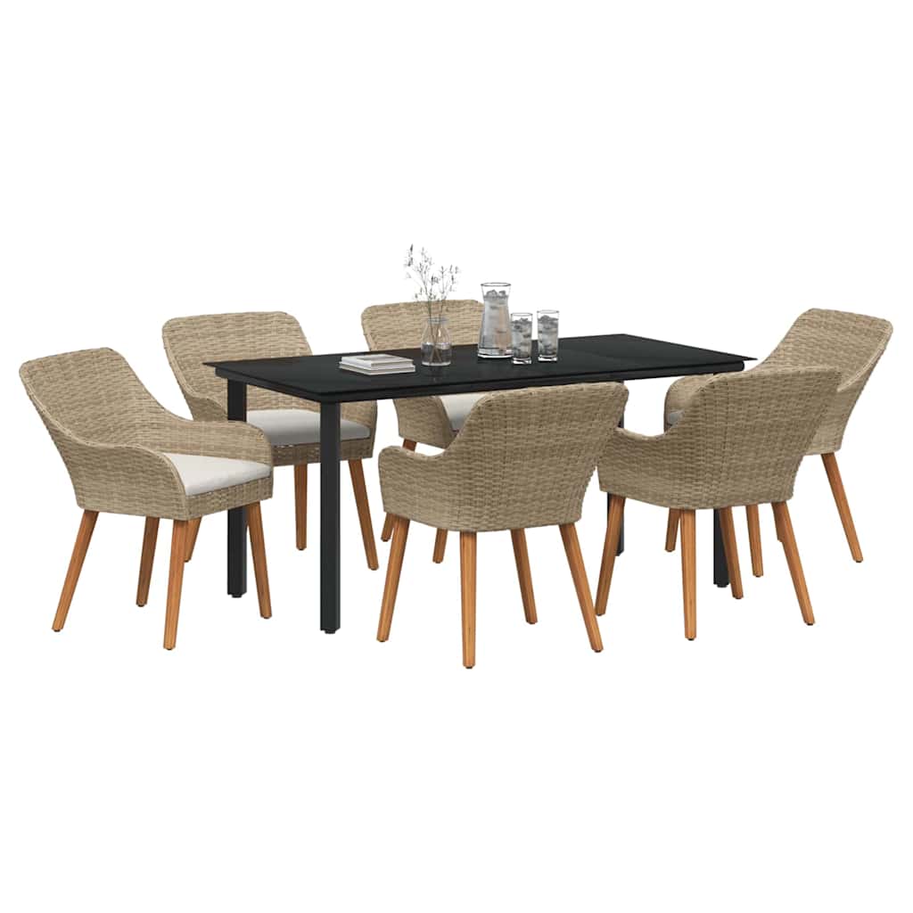Set da Pranzo per Giardino con cuscino 7 pcs Beige polyrattan