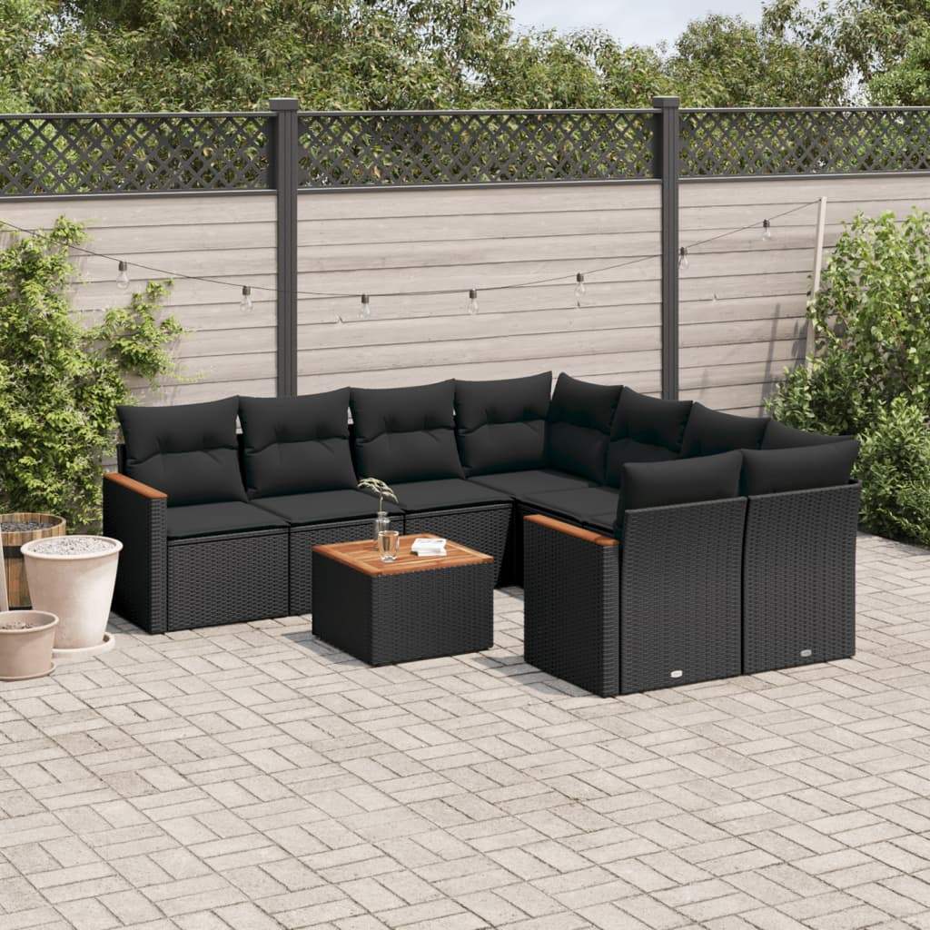 Set Divani da Giardino 9 pz con Cuscini Nero in Polyrattan - homemem39