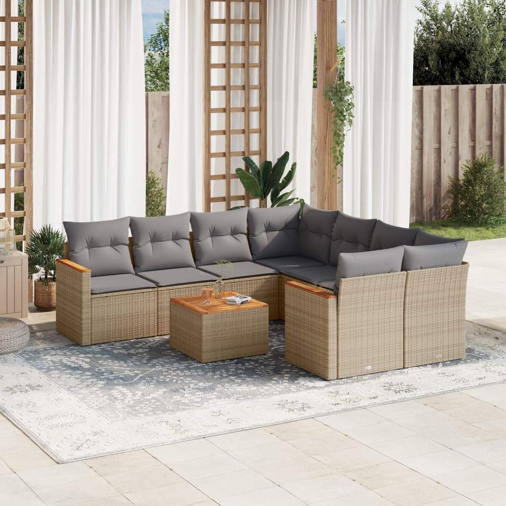 Set Divano da Giardino 9 pz con Cuscini Beige in Polyrattan - homemem39