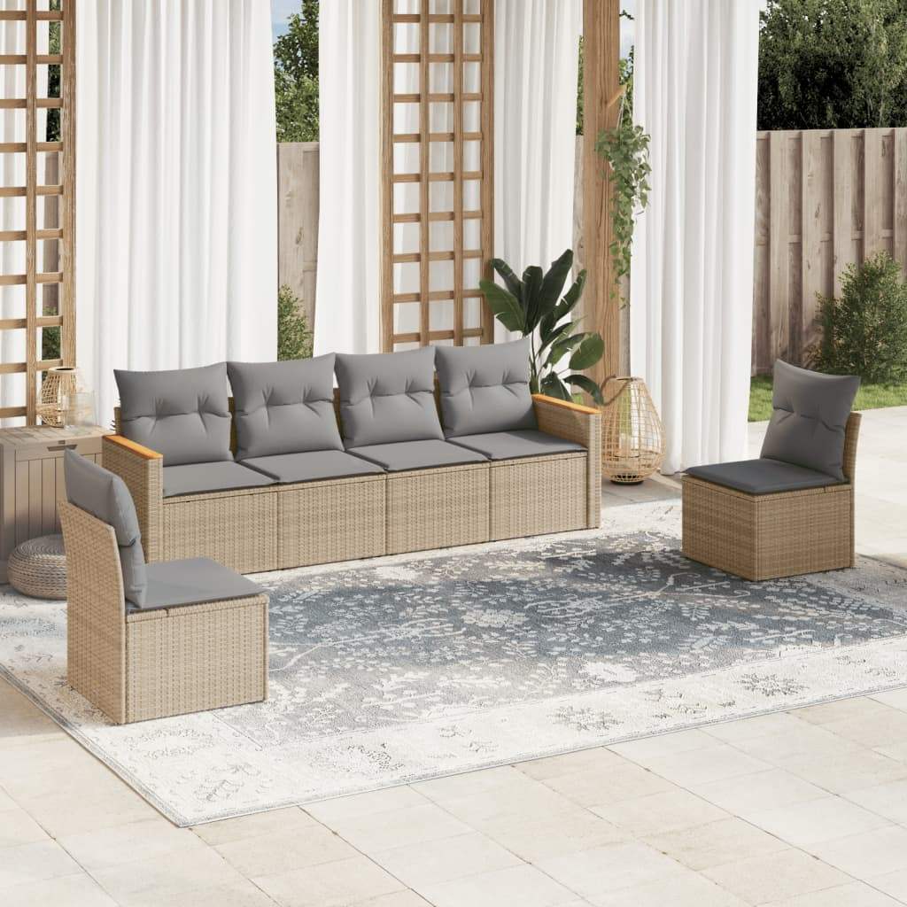 Set Divano da Giardino 6 pz con Cuscini Beige in Polyrattan - homemem39