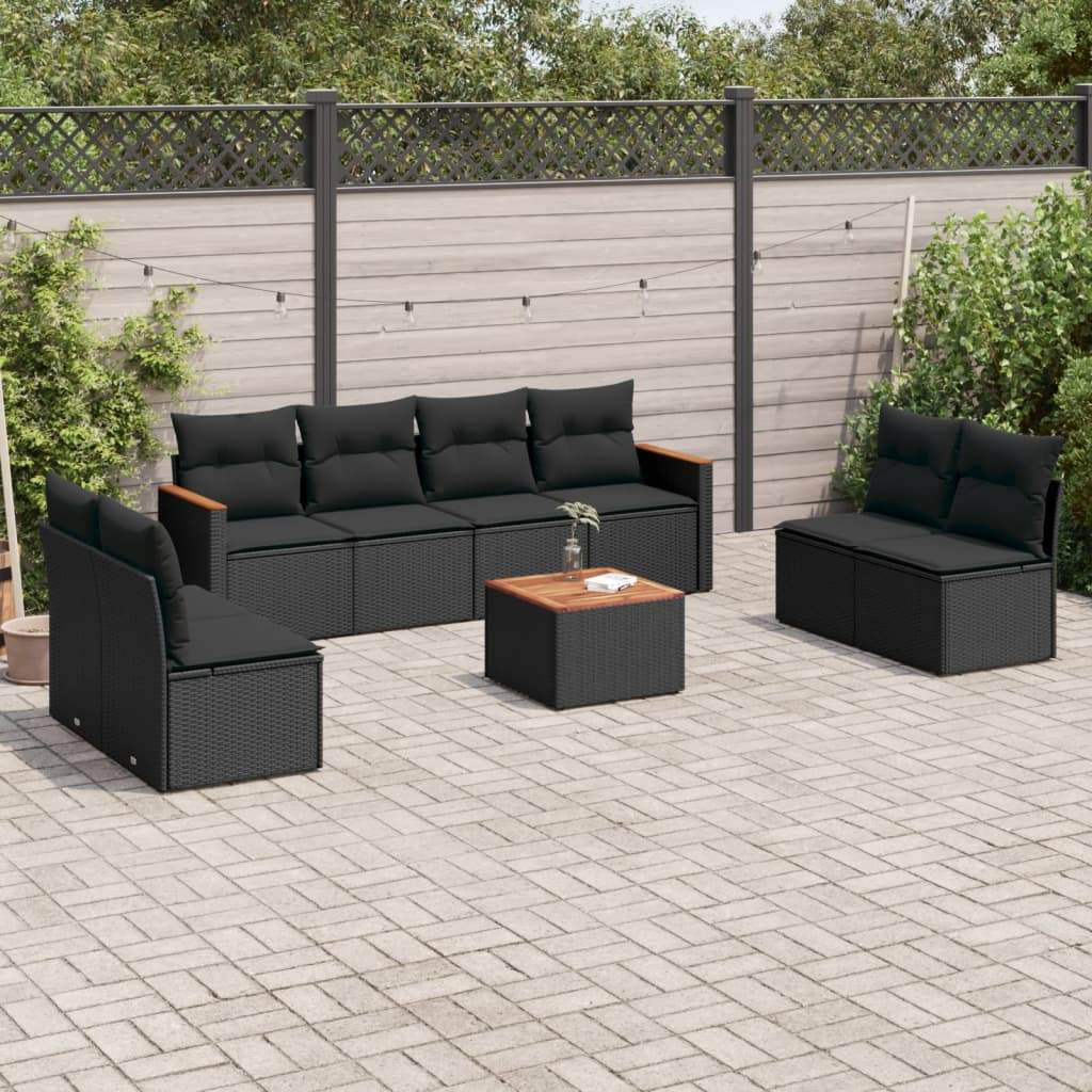 Set Divani da Giardino 9 pz con Cuscini Nero in Polyrattan - homemem39