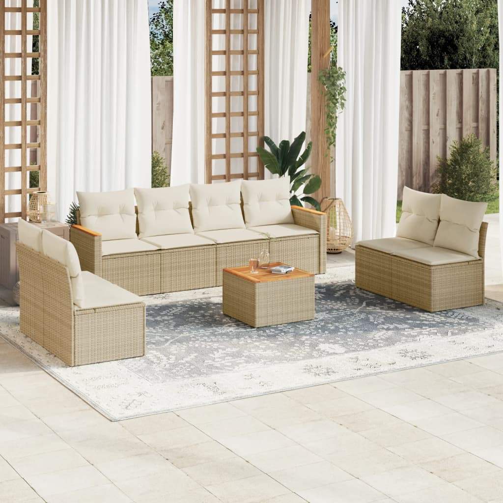 Set Divano da Giardino 9 pz con Cuscini Beige in Polyrattan - homemem39