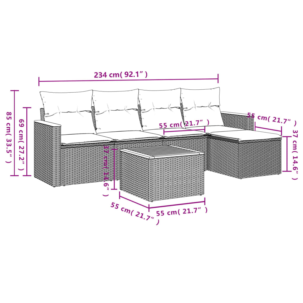 Set Divano da Giardino 6 pz con Cuscini Beige in Polyrattan