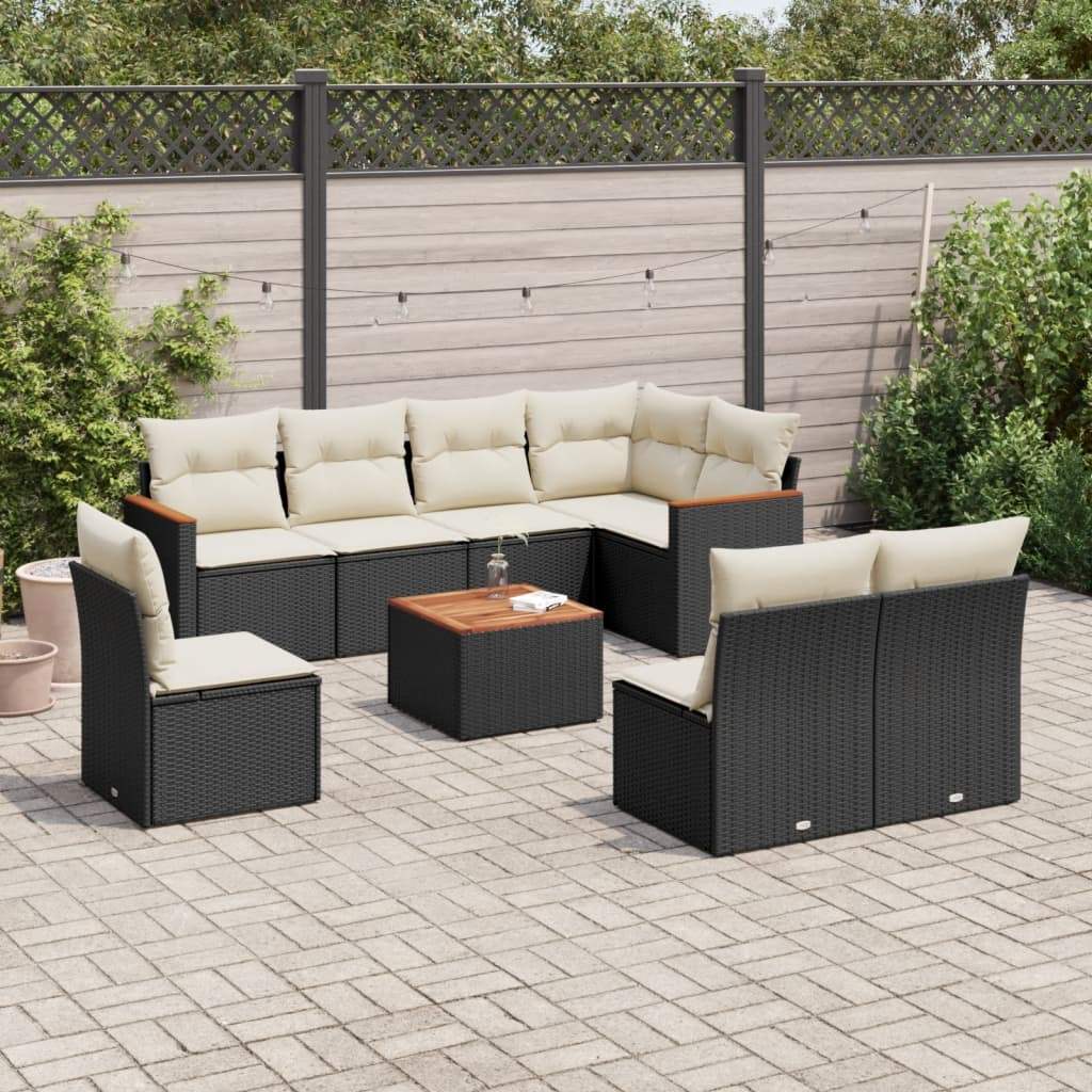 Set Divani da Giardino 9 pz con Cuscini Nero in Polyrattan - homemem39