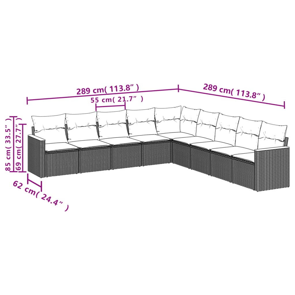 Set Divano da Giardino 9 pz con Cuscini Beige in Polyrattan