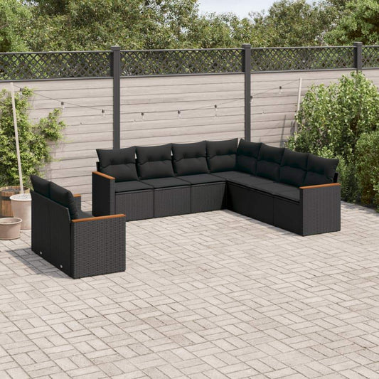 Set Divani da Giardino 9 pz con Cuscini Nero in Polyrattan - homemem39
