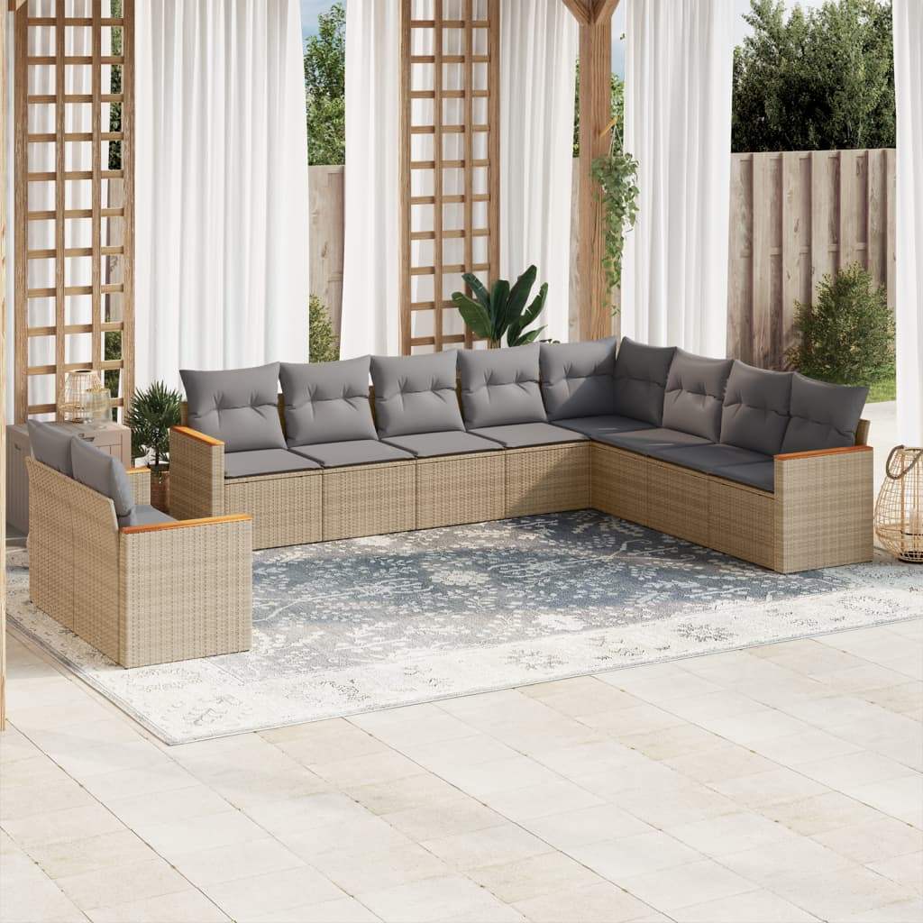 Set Divano da Giardino 10 pz con Cuscini Beige in Polyrattan - homemem39