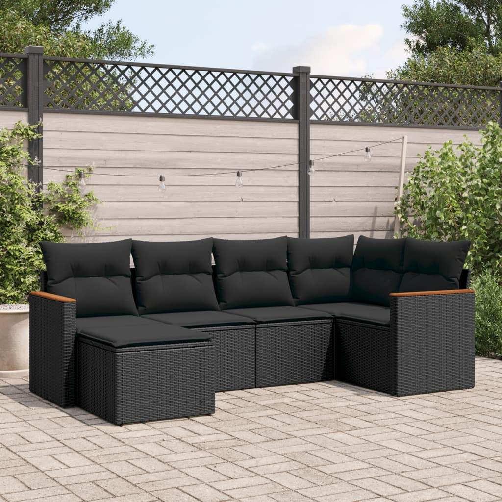 Set Divano da Giardino 6 pz con Cuscini Nero in Polyrattan - homemem39