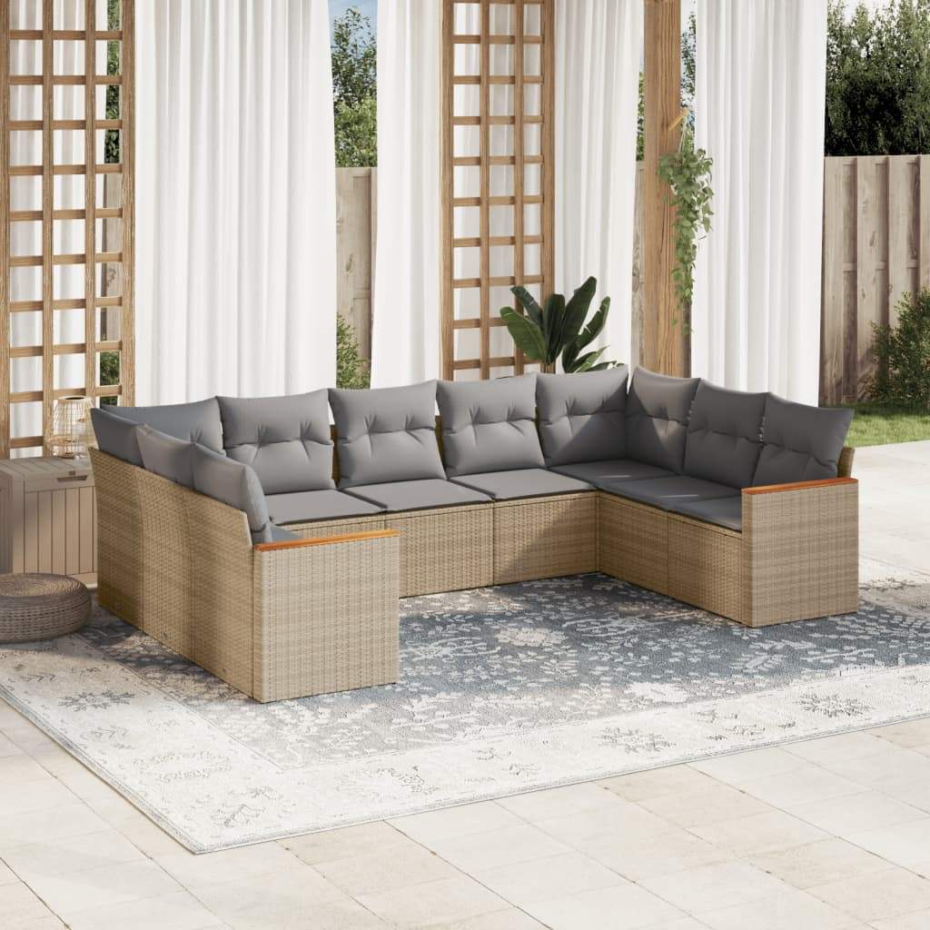 Set Divano da Giardino 9 pz con Cuscini Beige in Polyrattan - homemem39