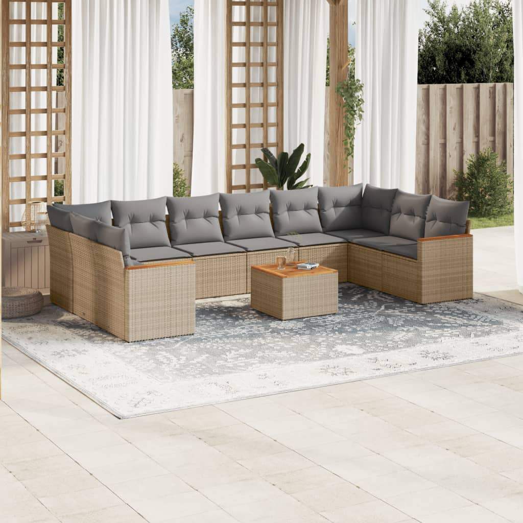 Set Divani da Giardino 11 pz con Cuscini Beige in Polyrattan - homemem39