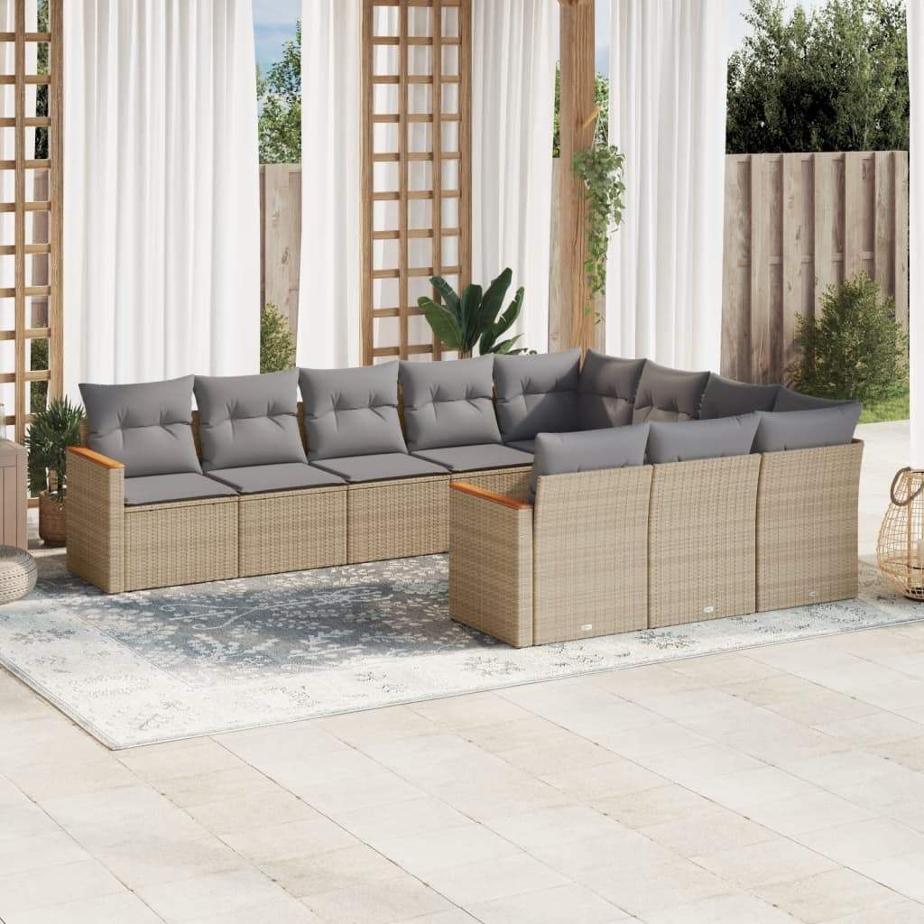 Set Divano da Giardino 10 pz con Cuscini Beige in Polyrattan - homemem39