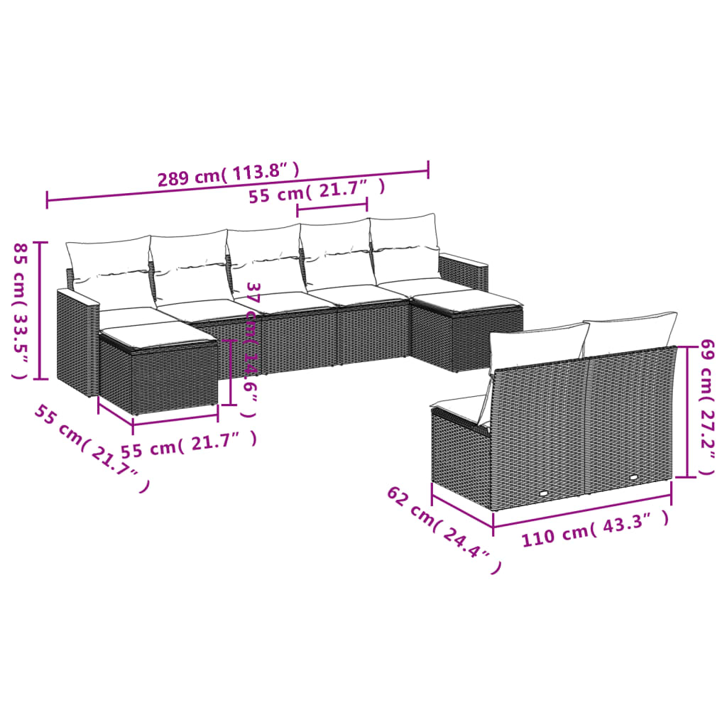Set Divano da Giardino 9 pz con Cuscini Beige in Polyrattan | homemem39