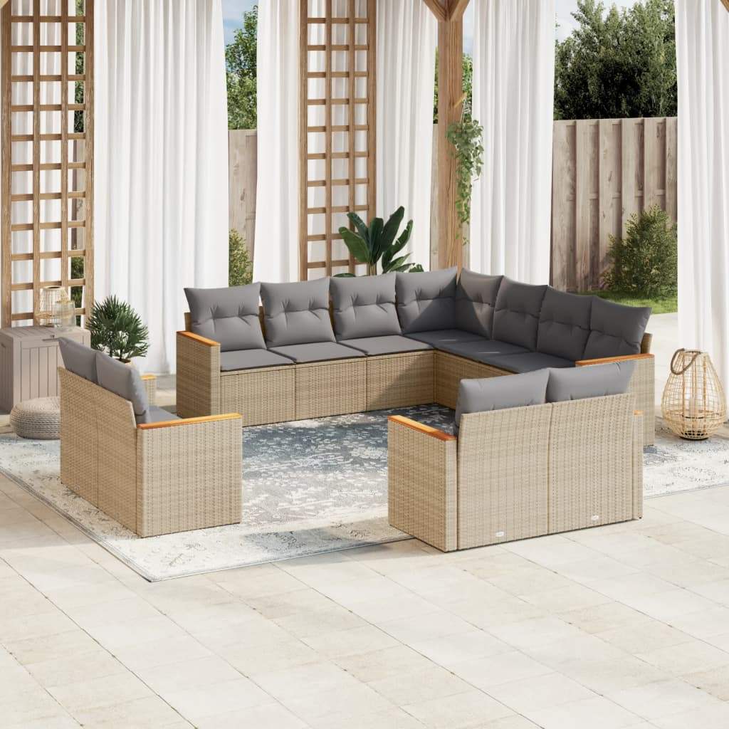 Set Divani da Giardino 11 pz con Cuscini Beige in Polyrattan - homemem39