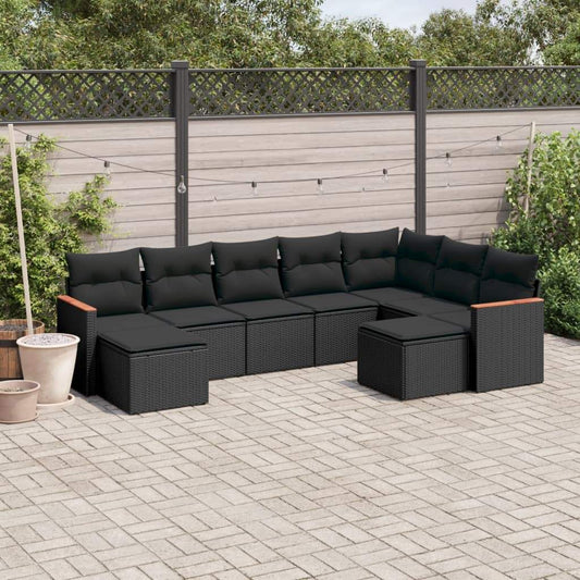 Set Divani da Giardino 9 pz con Cuscini Nero in Polyrattan - homemem39
