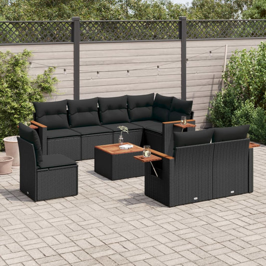 Set Divani da Giardino 9 pz con Cuscini Nero in Polyrattan | homemem39