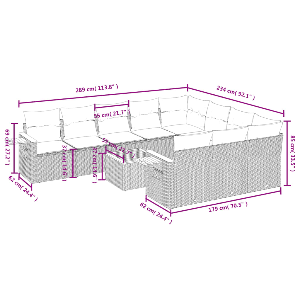 Set Divani da Giardino 11 pz con Cuscini Beige in Polyrattan | homemem39
