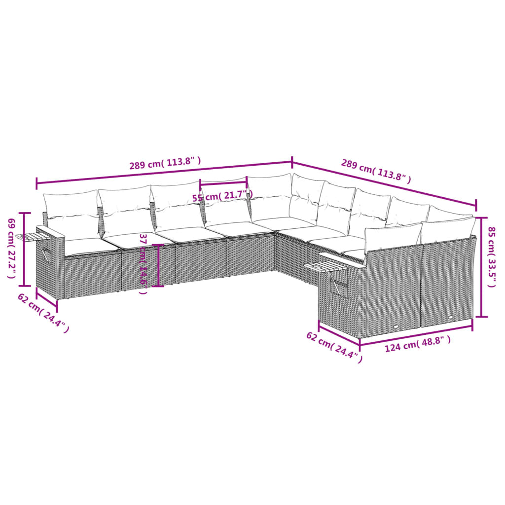 Set Divano da Giardino 10 pz con Cuscini Beige in Polyrattan | homemem39