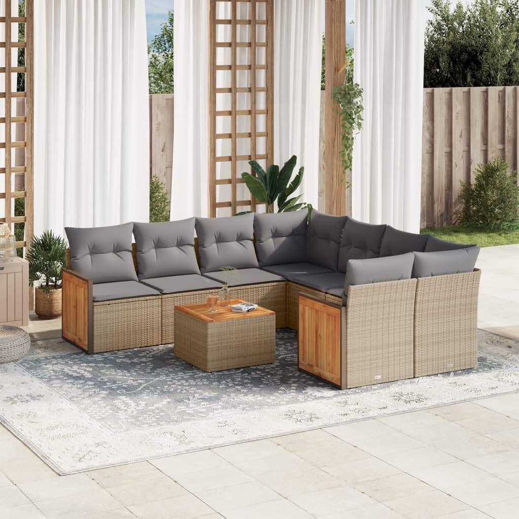 Set Divano da Giardino 9 pz con Cuscini Beige in Polyrattan - homemem39