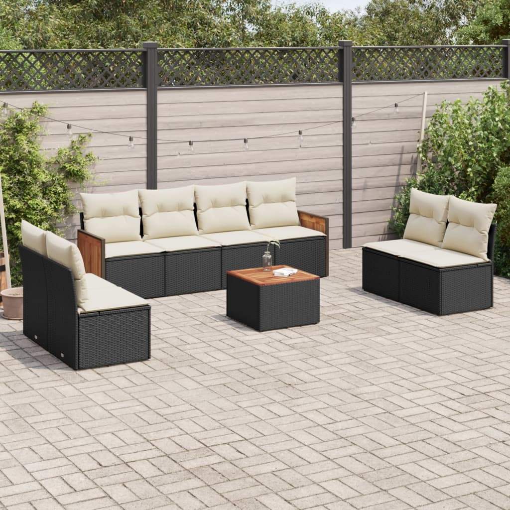 Set Divani da Giardino 9 pz con Cuscini Nero in Polyrattan - homemem39