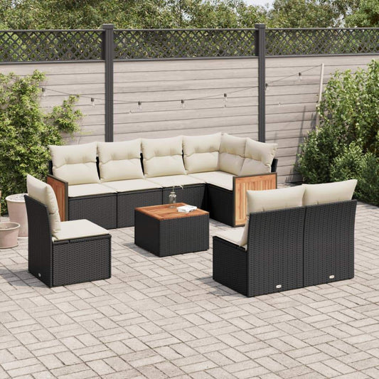 Set Divani da Giardino 9 pz con Cuscini Nero in Polyrattan - homemem39