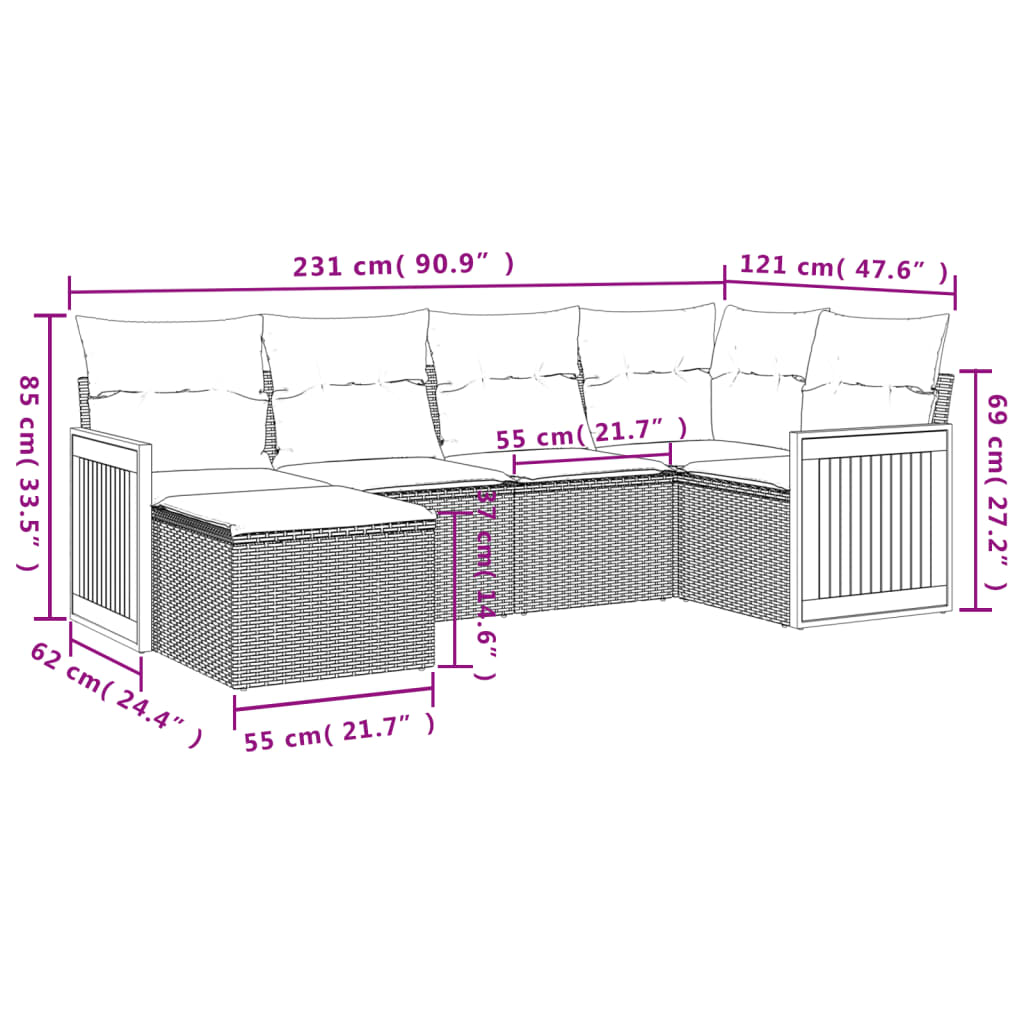 Set Divano da Giardino 6 pz con Cuscini Nero in Polyrattan | homemem39