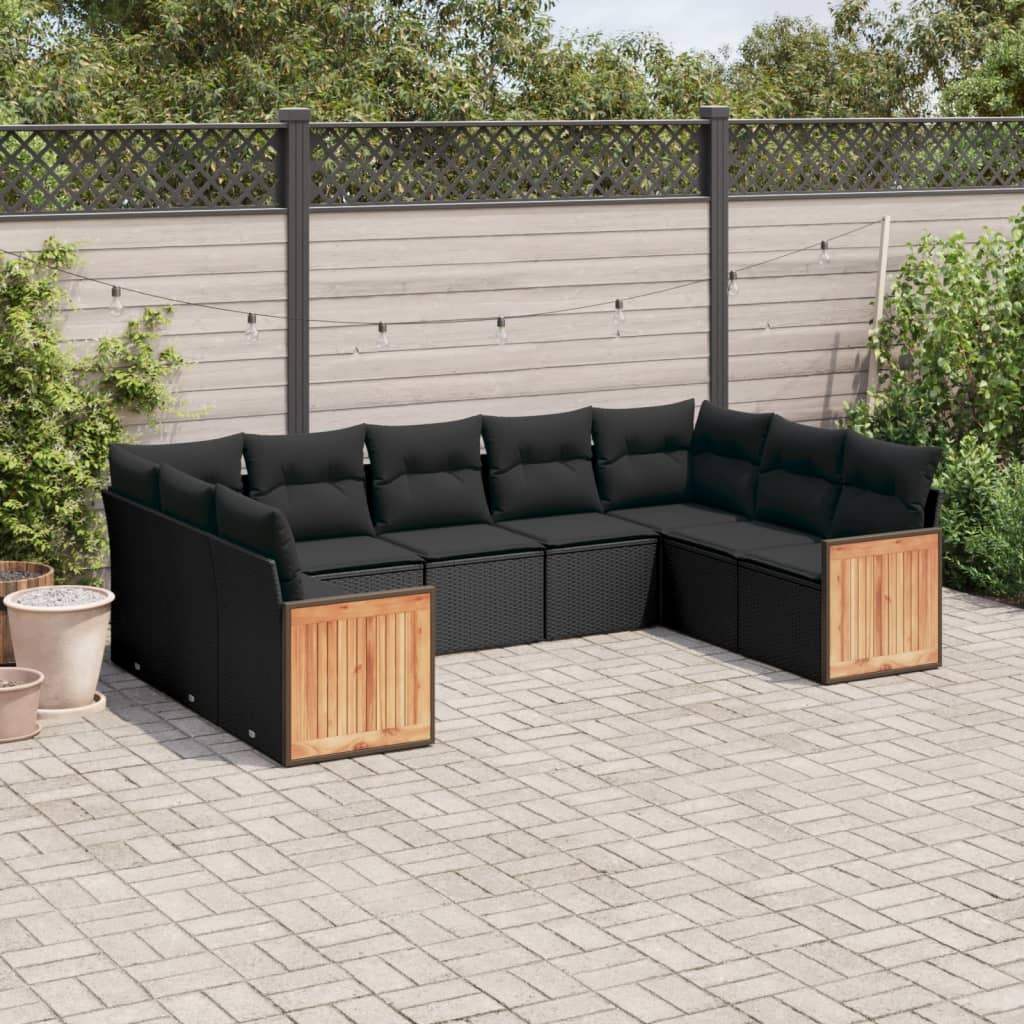 Set Divani da Giardino 9 pz con Cuscini Nero in Polyrattan - homemem39