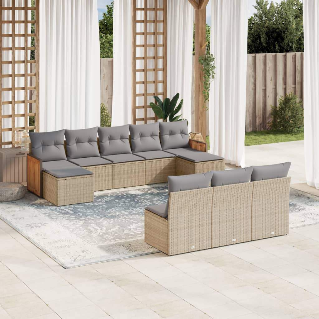 Set Divano da Giardino 10 pz con Cuscini Beige in Polyrattan - homemem39
