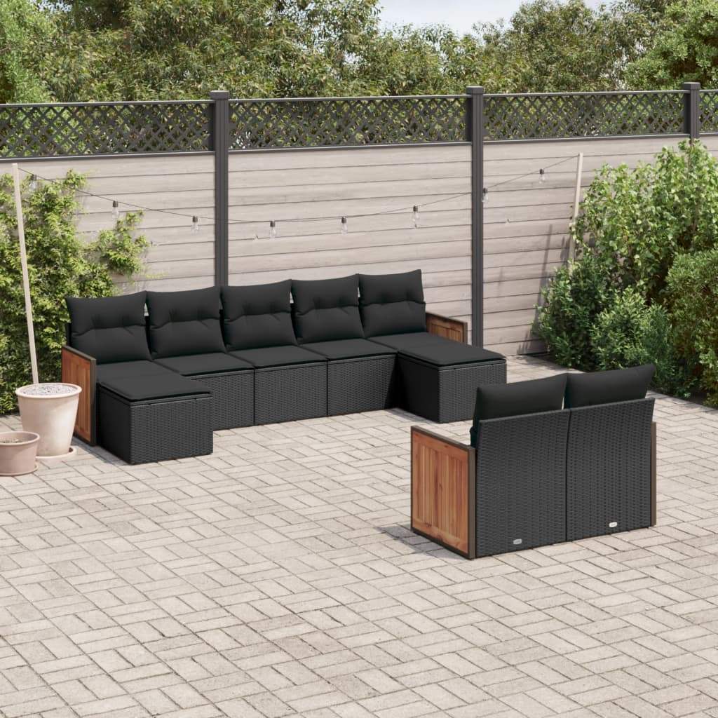 Set Divani da Giardino 9 pz con Cuscini Nero in Polyrattan - homemem39