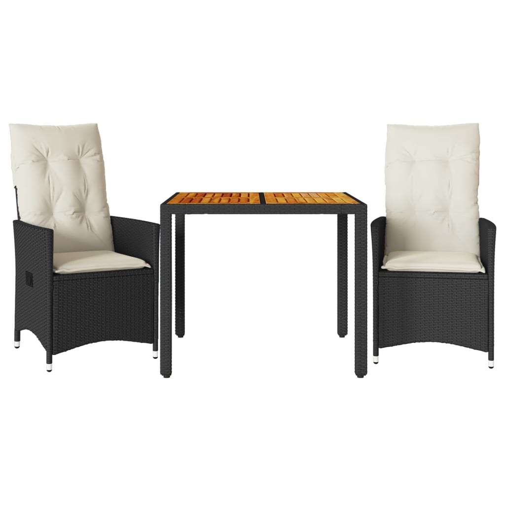 Set da Bistrò 3 pz con Cuscini Nero Polyrattan e Legno Acacia - homemem39