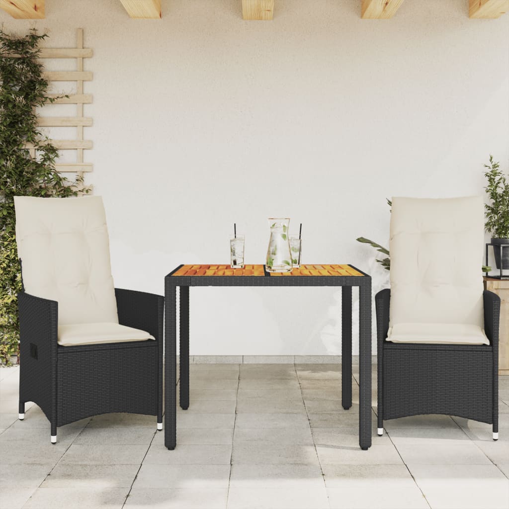 Set da Bistrò 3 pz con Cuscini Nero Polyrattan e Legno Acacia - homemem39