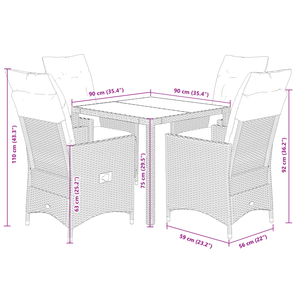 Set da Pranzo da Giardino 5 pz Nero con Cuscini in Polyrattan | homemem39