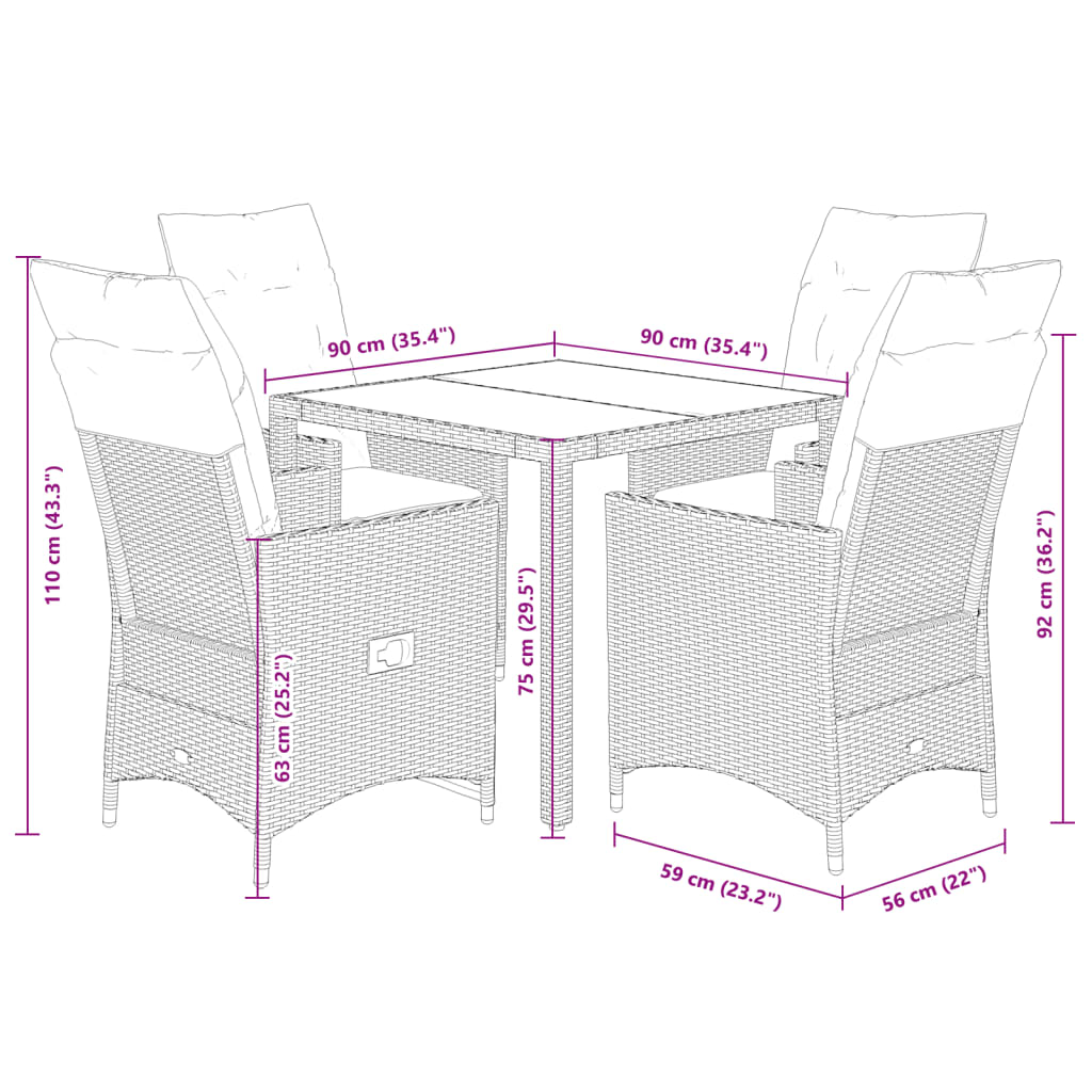 Set da Pranzo da Giardino 5 pz Nero con Cuscini in Polyrattan | homemem39