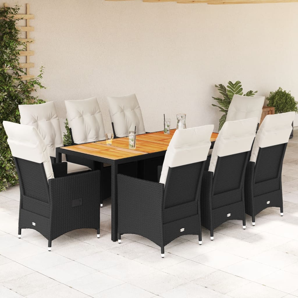 Set da Pranzo da Giardino 9 pz con Cuscini Nero in Polyrattan | homemem39