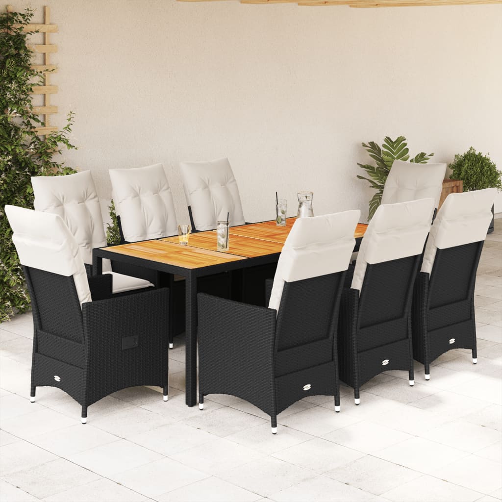 Set da Pranzo da Giardino 9 pz con Cuscini Nero in Polyrattan | homemem39
