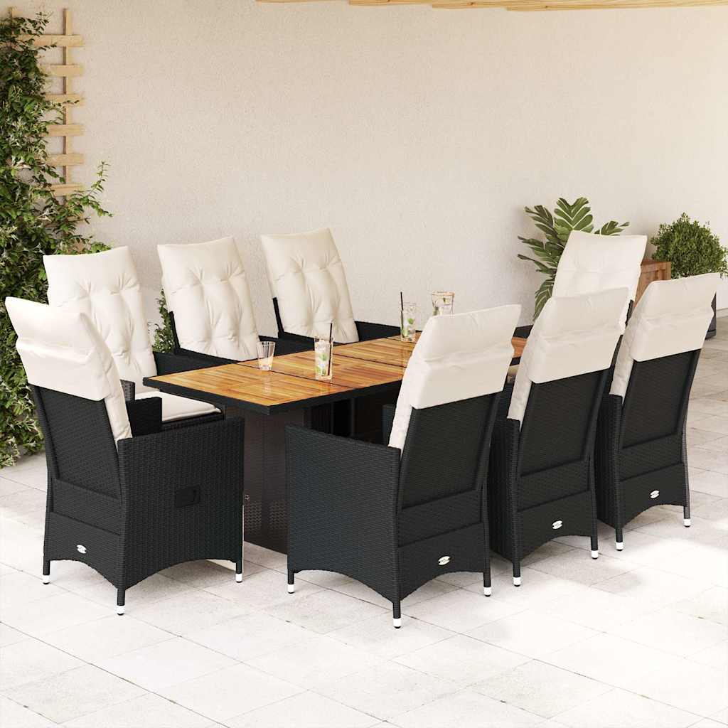 Set da Pranzo da Giardino 9 pz con Cuscini Nero in Polyrattan | homemem39