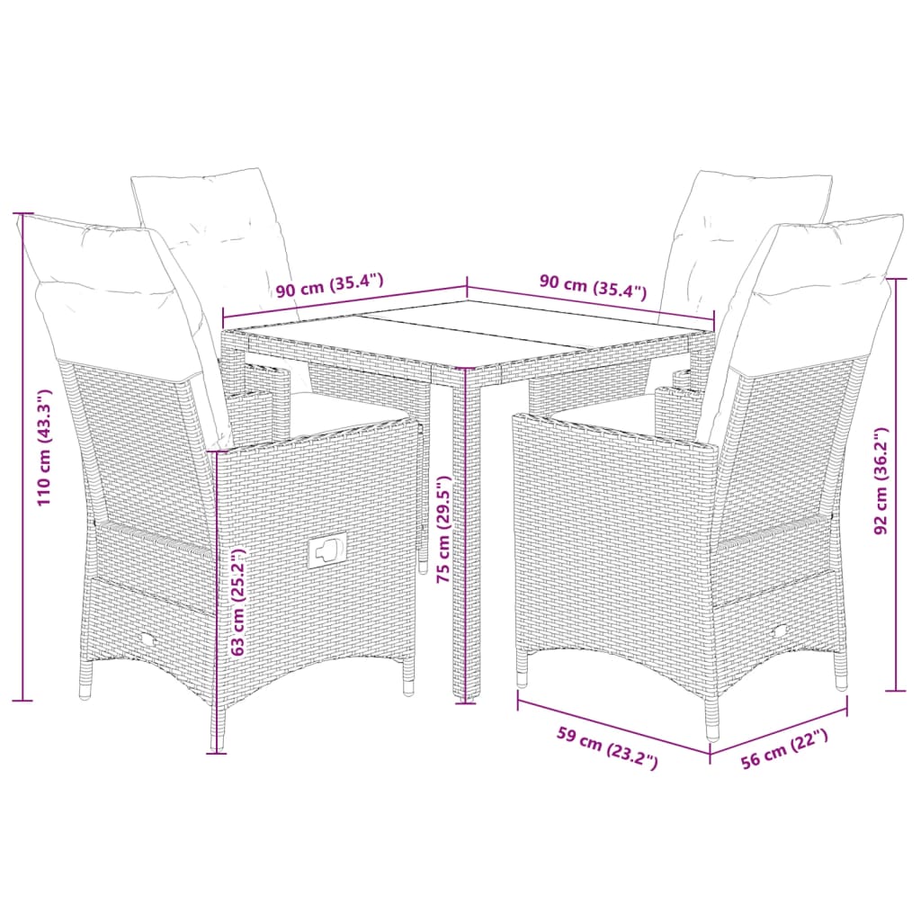Set da Pranzo da Giardino 5 pz Nero con Cuscini in Polyrattan | homemem39