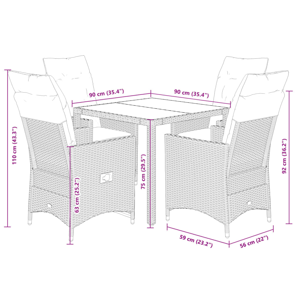 Set da Pranzo da Giardino 5 pz Nero con Cuscini in Polyrattan | homemem39
