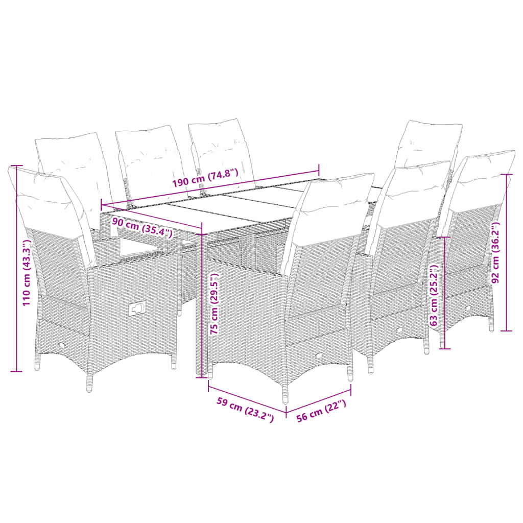Set da Pranzo da Giardino 9 pz con Cuscini Nero in Polyrattan | homemem39