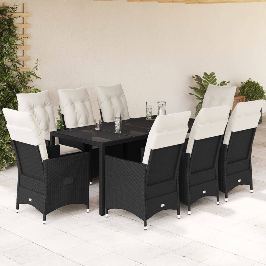 Set da Pranzo da Giardino 9 pz con Cuscini Nero in Polyrattan | homemem39