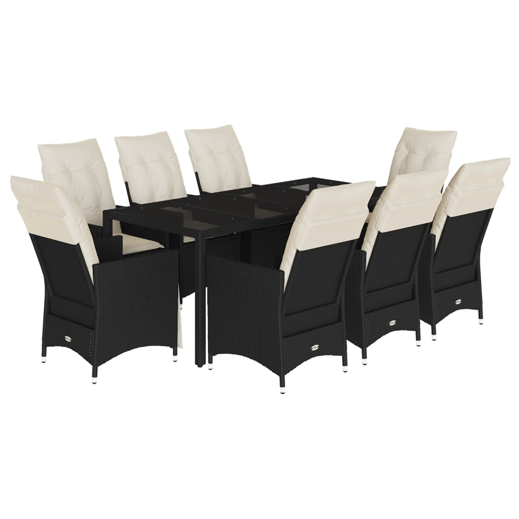 Set da Pranzo da Giardino 9 pz con Cuscini Nero in Polyrattan | homemem39